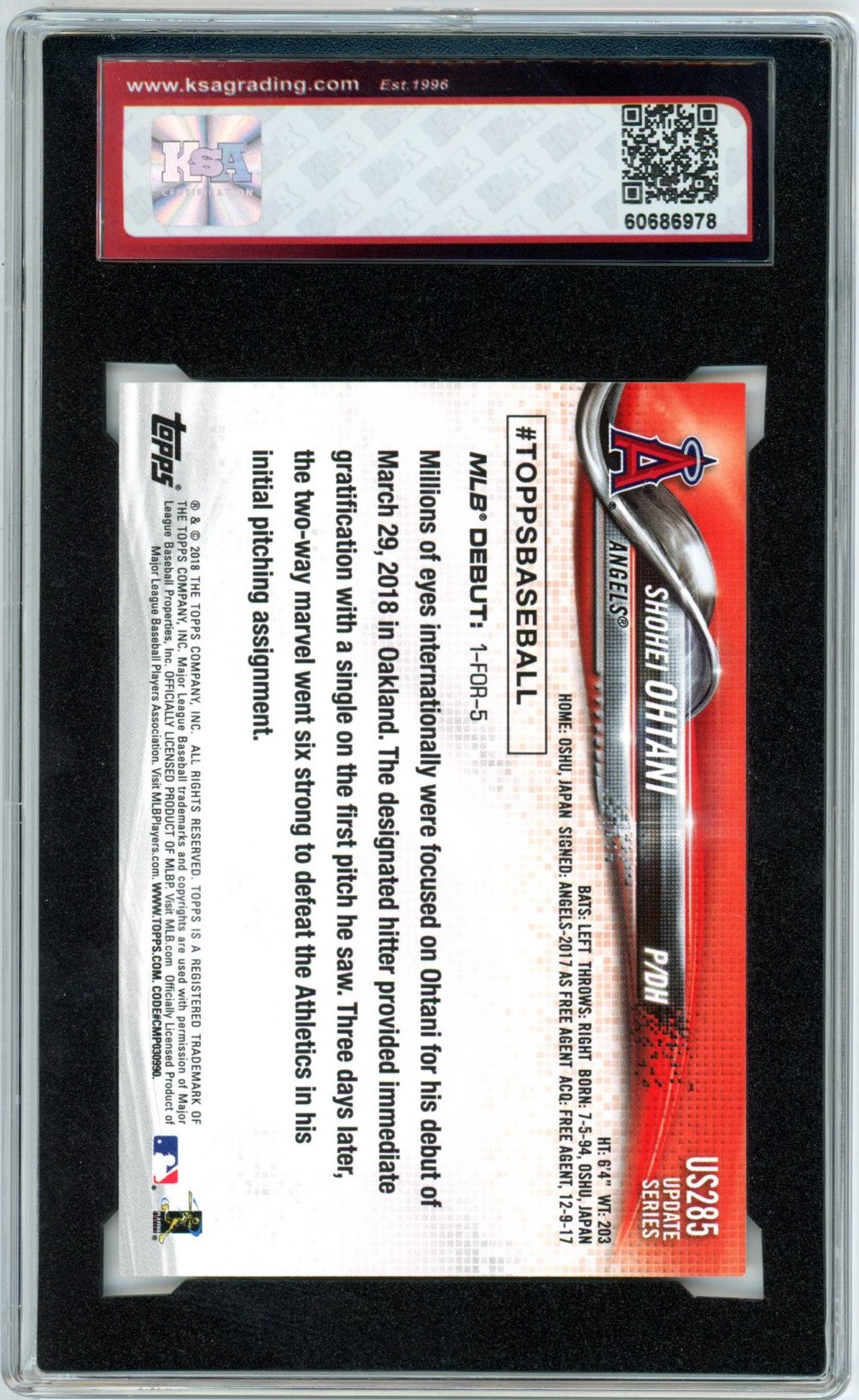 2018 Topps Update Shohei Ohtani Debut #US285 Graded Rookie Card KSA 9