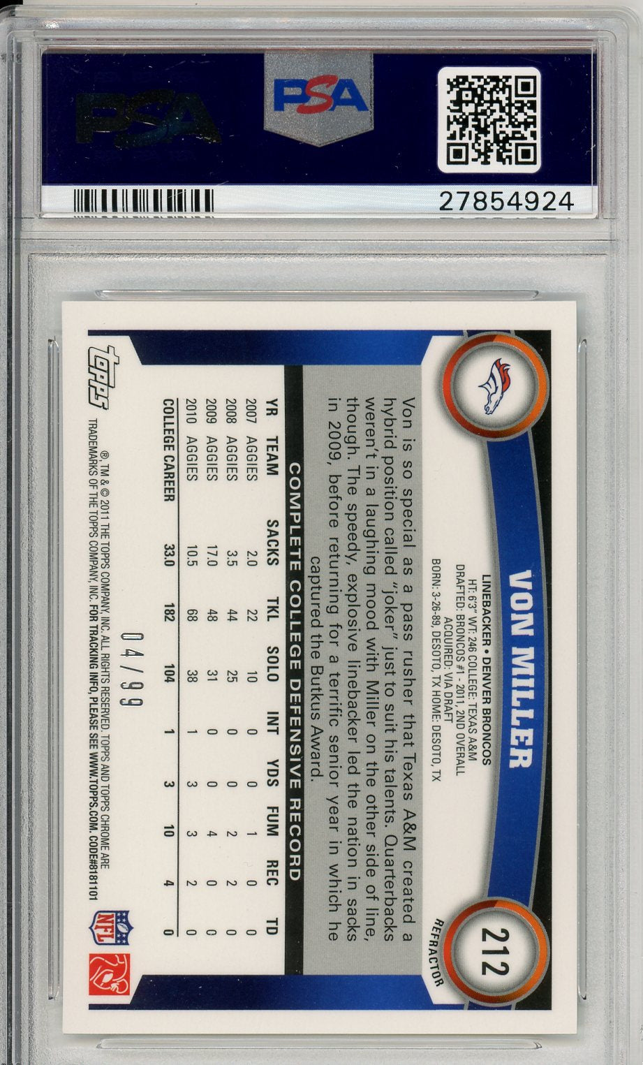 2011 Topps Chrome Von Miller #212 Graded Football Card PSA 10