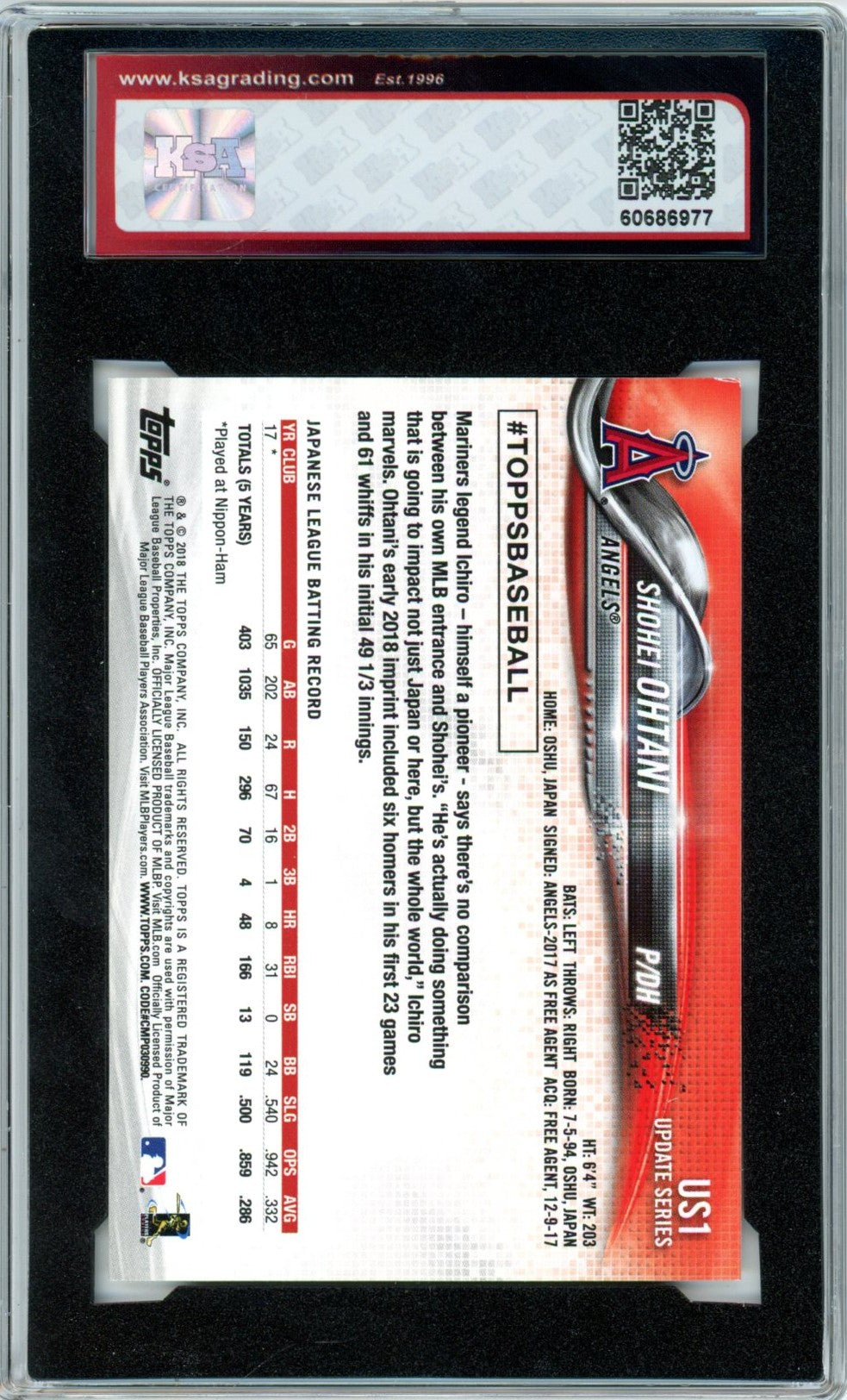 2018 Topps Update Shohei Ohtani #US1 Graded Rookie Card KSA 8