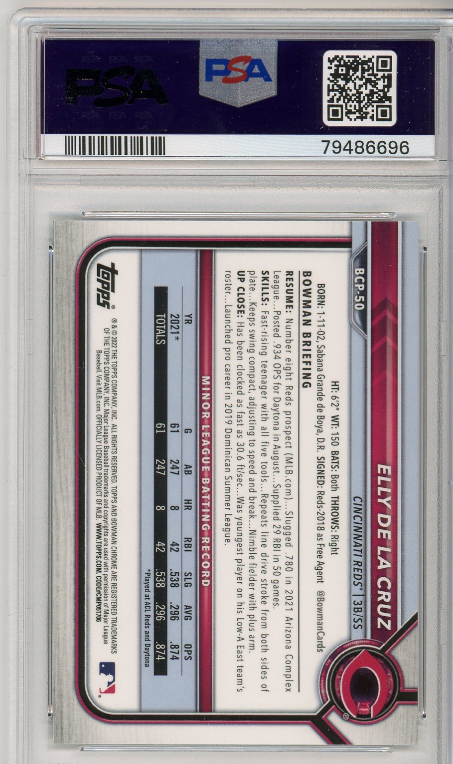 2022 Bowman Elly De La Cruz Chrome Prospects Graded Baseball Card PSA 10