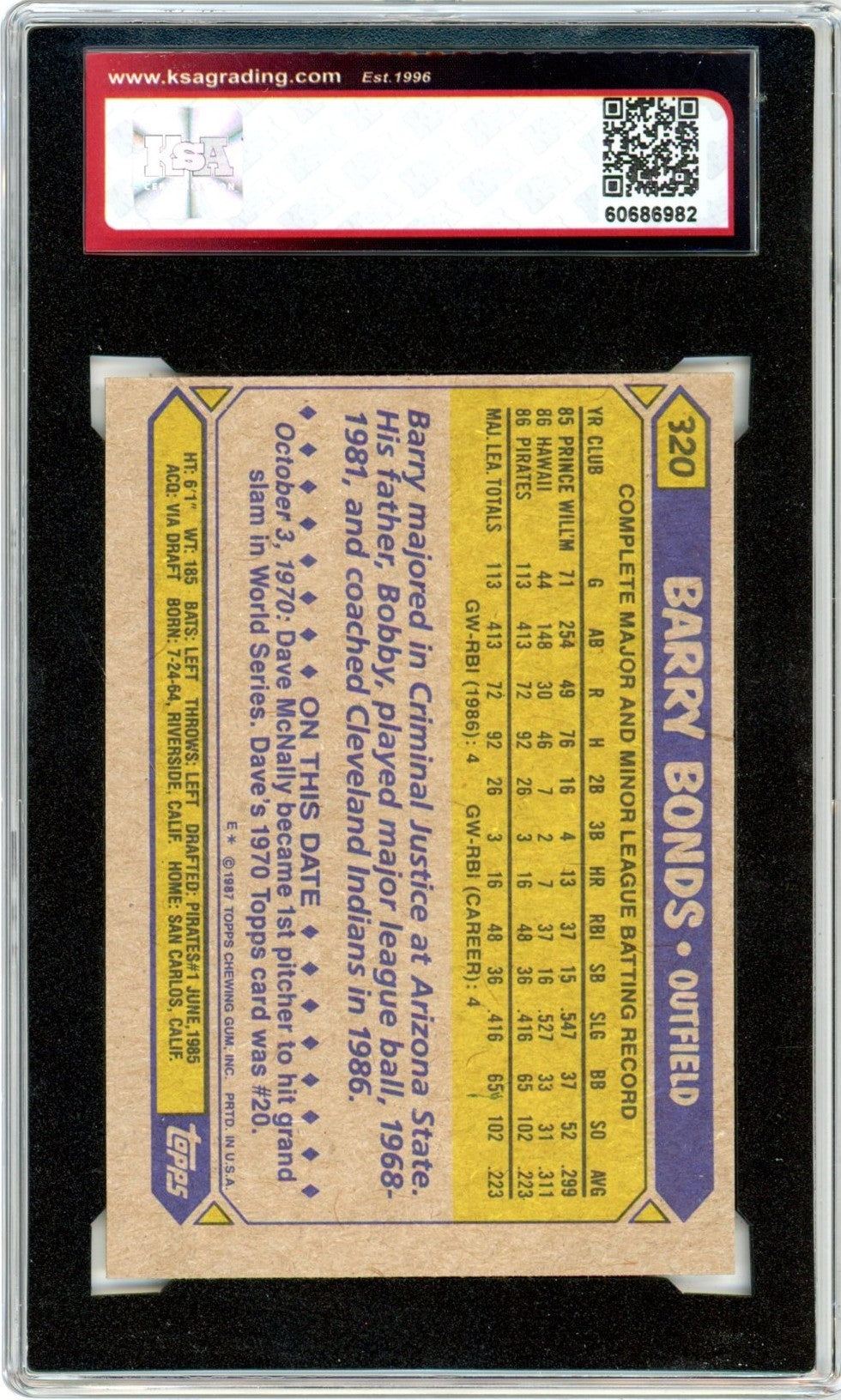 1987 Topps Barry Bonds #320 Graded Baseball Rookie Card KSA 8