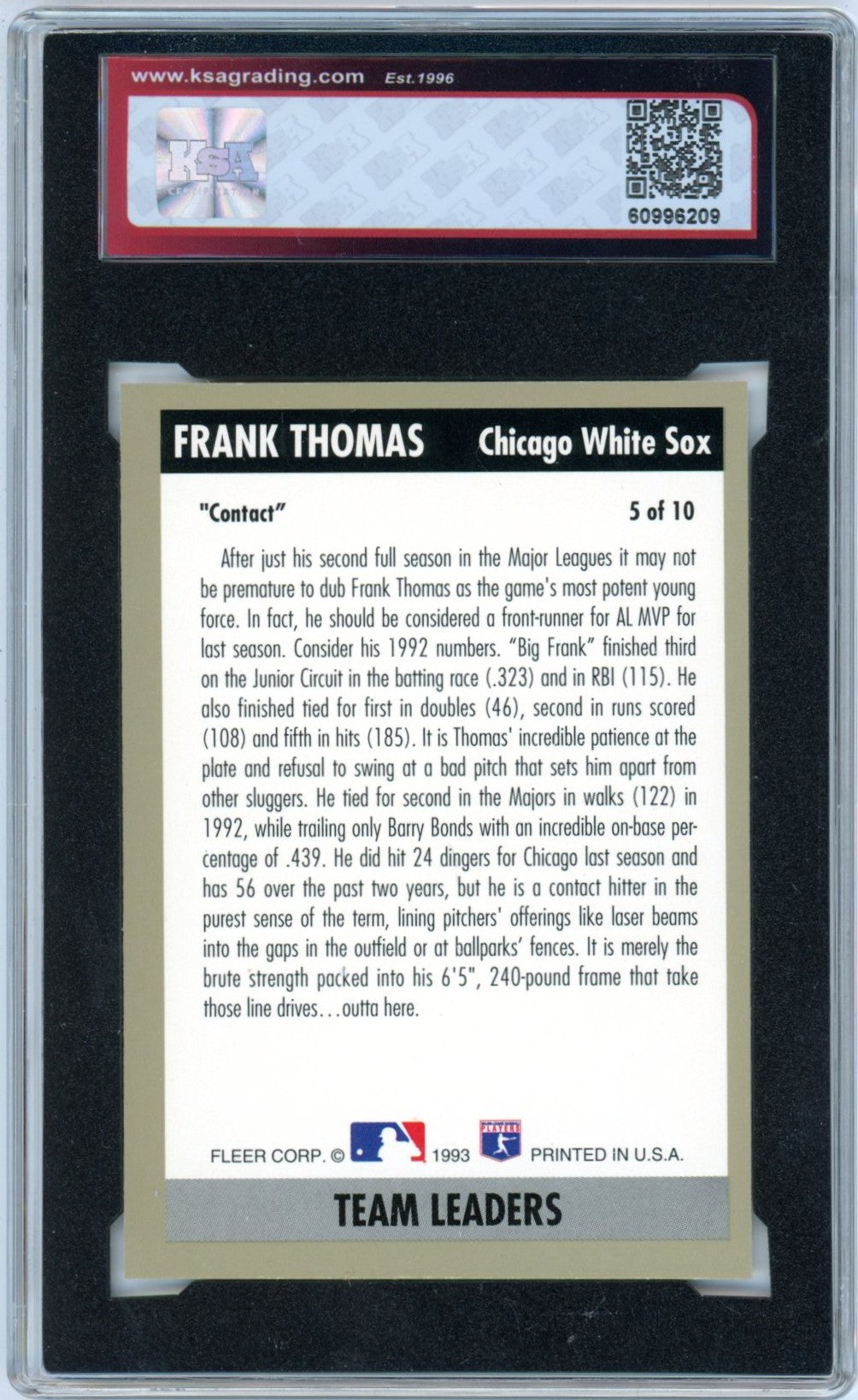 1993 Fleer Frank Thomas #5 Team Leaders Graded Baseball Card KSA 8.5