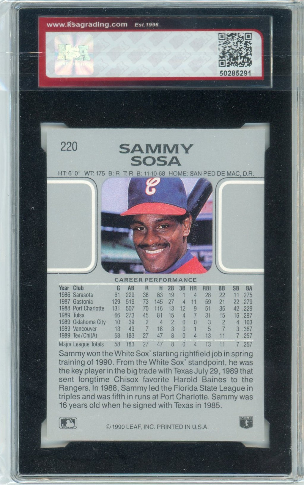 1990 Leaf Sammy Sosa Graded Rookie Card #220 KSA 8.5