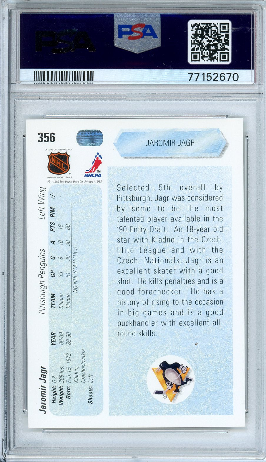 1990 Upper Deck Jaromir Jagr #356 Graded Rookie Card PSA 10