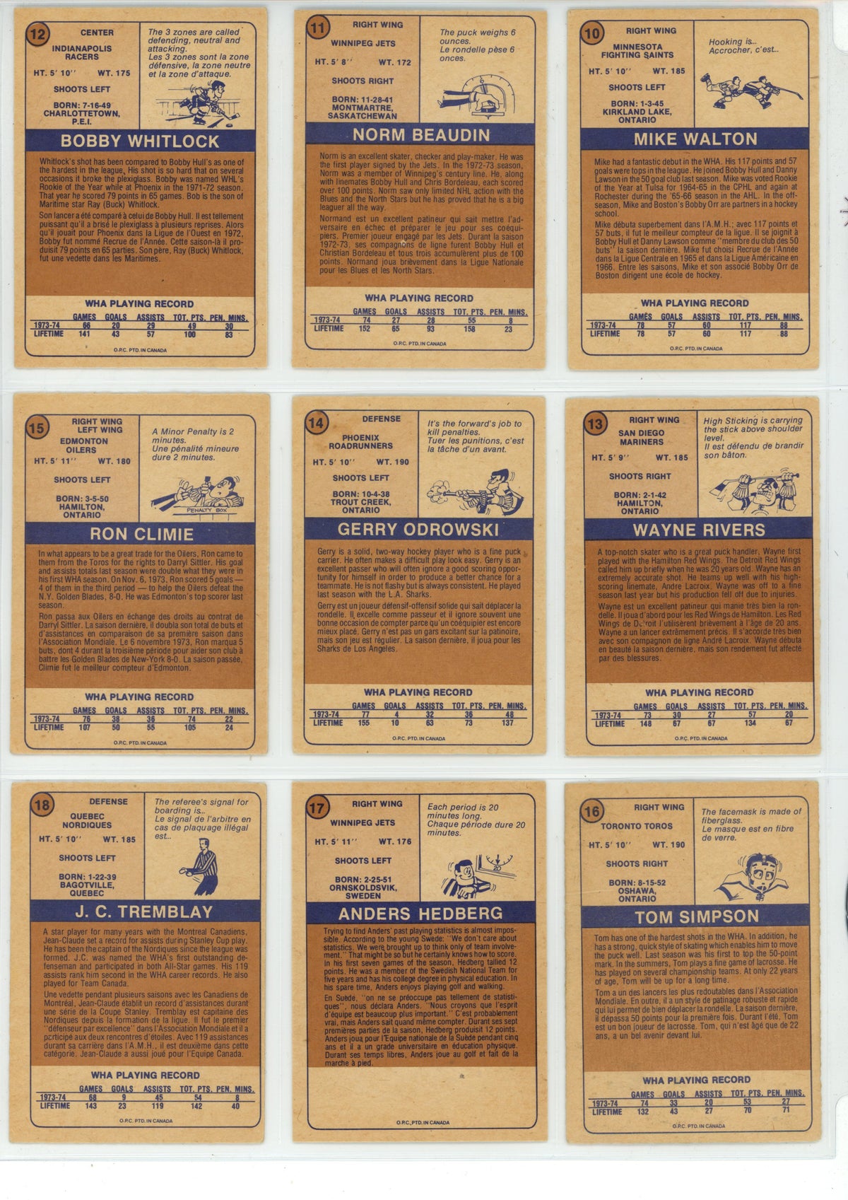 1974/75 O-Pee-Chee WHA Hockey Trading Card Complete Set (66 Cards) - EX/EX+