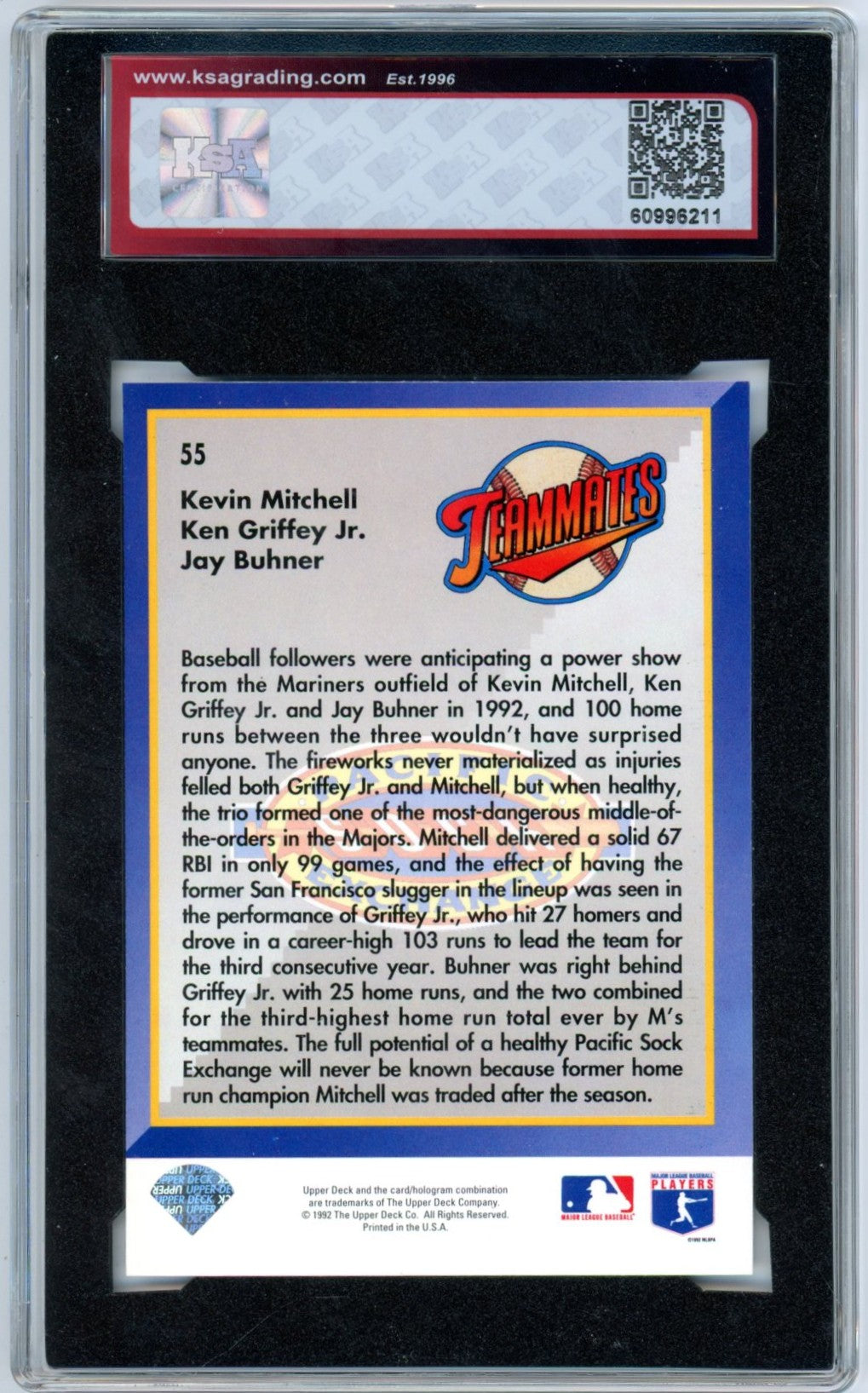 1993 Upper Deck Mitchell / Griffey Jr. / Buhner #55 Pacific Sock Exchange Graded Baseball Card KSA 9