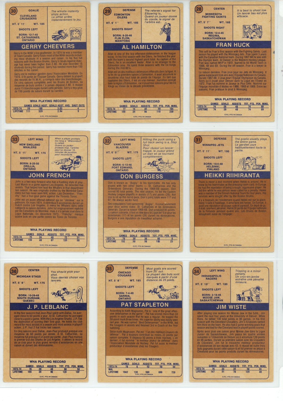 1974/75 O-Pee-Chee WHA Hockey Trading Card Complete Set (66 Cards) - EX/EX+