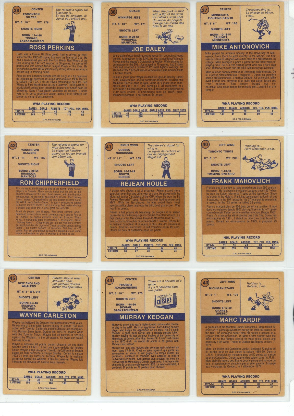 1974/75 O-Pee-Chee WHA Hockey Trading Card Complete Set (66 Cards) - EX/EX+