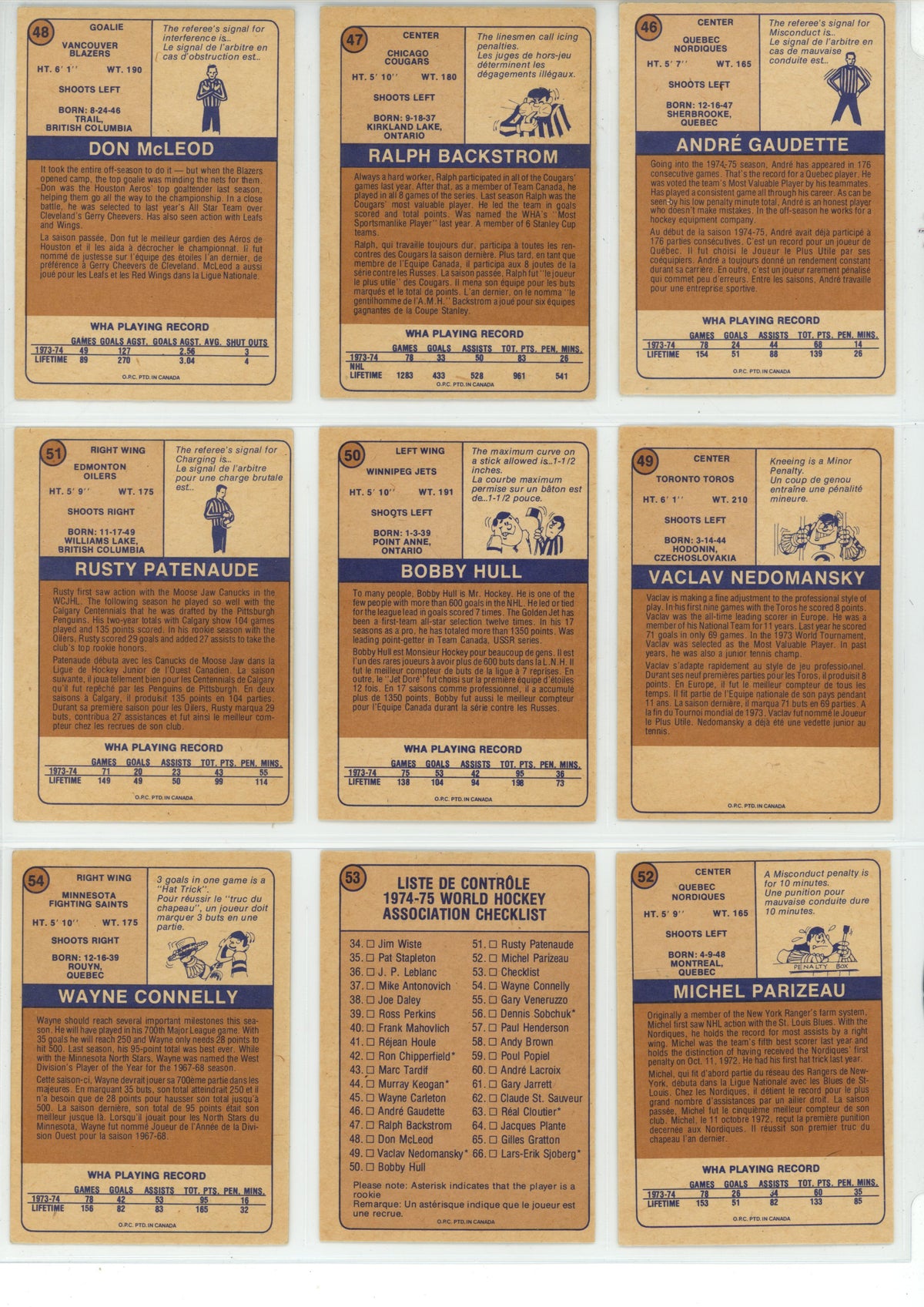 1974/75 O-Pee-Chee WHA Hockey Trading Card Complete Set (66 Cards) - EX/EX+
