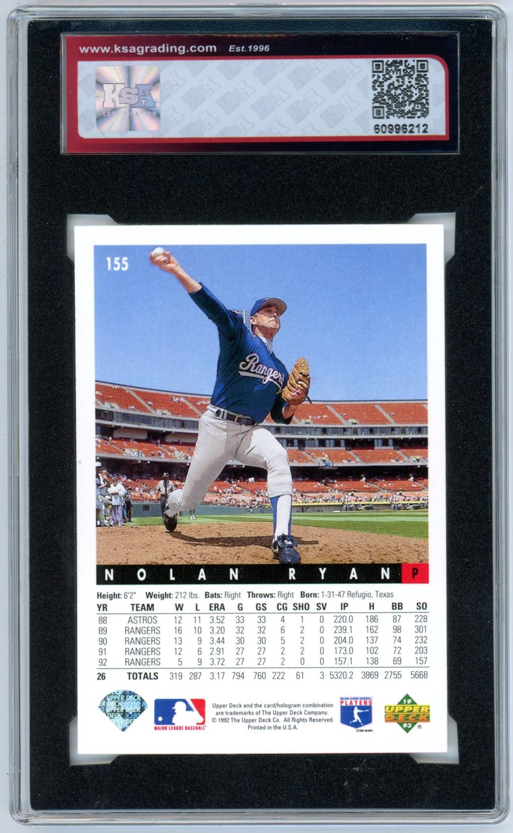 1993 Upper Deck Nolan Ryan #155 Graded Baseball Card KSA 9