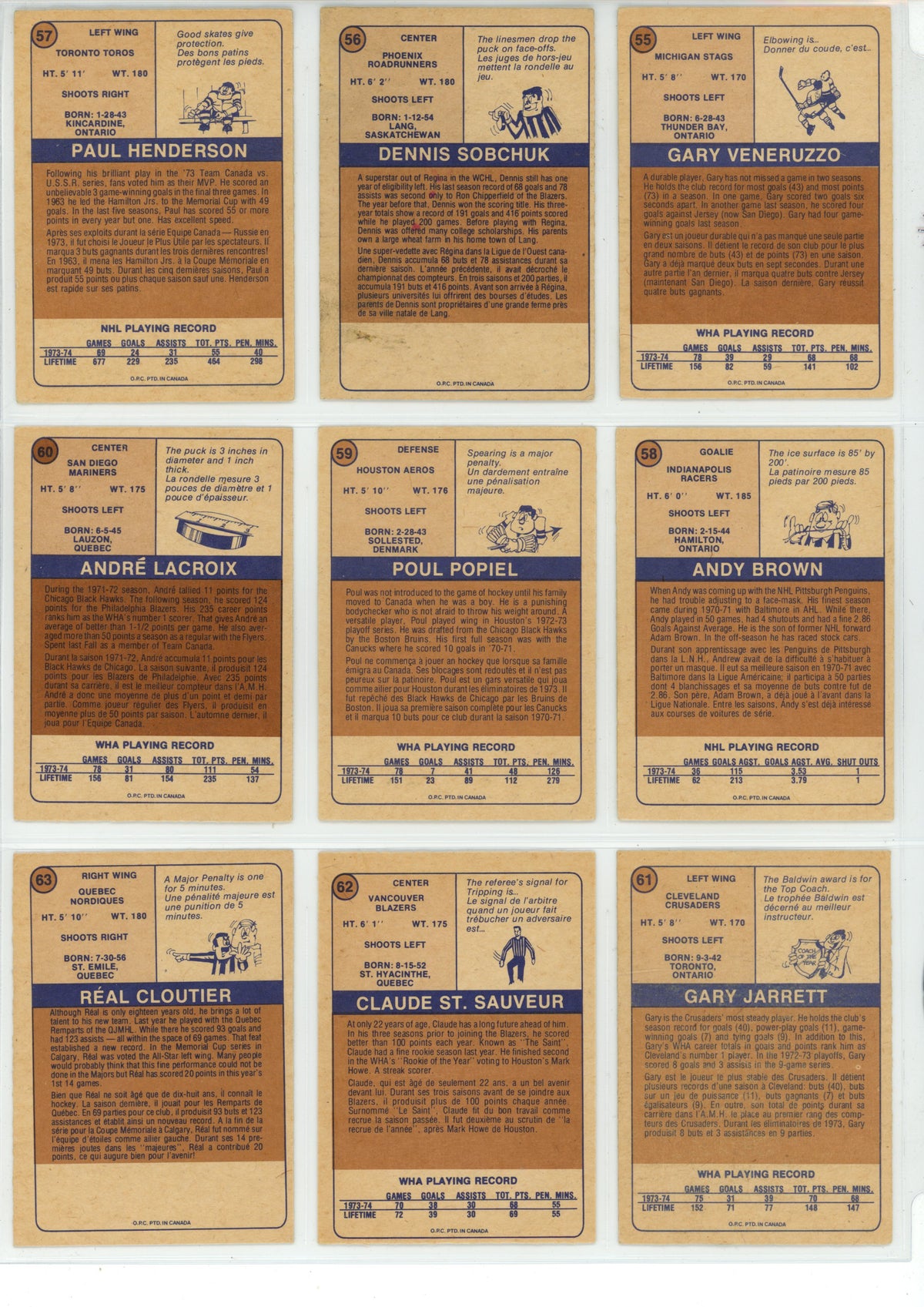 1974/75 O-Pee-Chee WHA Hockey Trading Card Complete Set (66 Cards) - EX/EX+