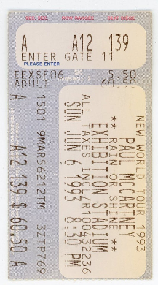 Paul McCartney New World Tour Vintage Concert Ticket Exhibition Stadium (Toronto, 1993)