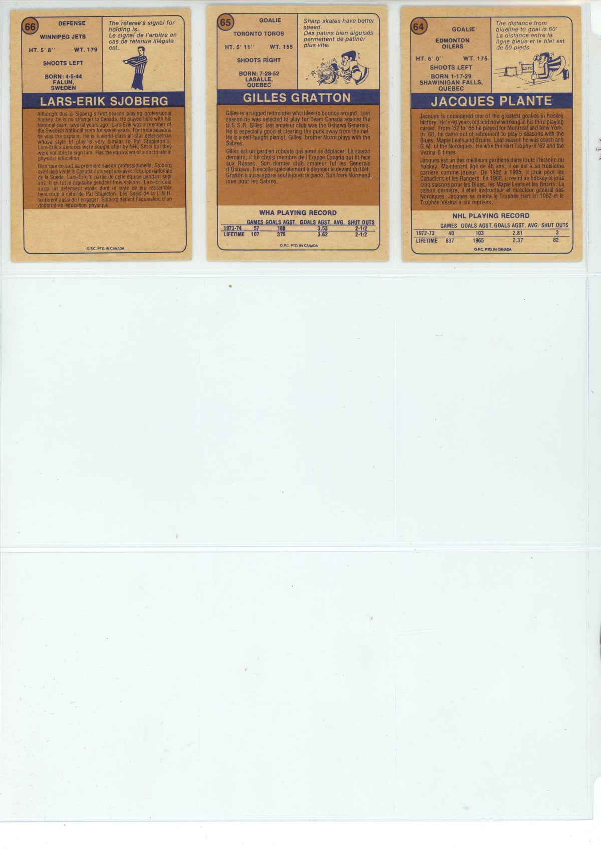 1974/75 O-Pee-Chee WHA Hockey Trading Card Complete Set (66 Cards) - EX/EX+