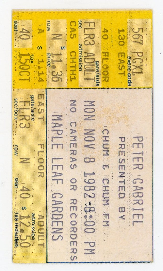 Peter Gabriel Vintage Concert Ticket Maple Leaf Gardens (Toronto, 1982)