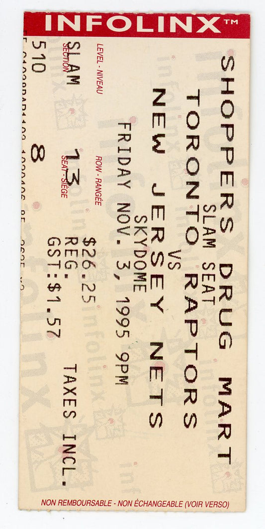 Toronto Raptors vs. New Jersey Nets Vintage Ticket Stub Skydome (Toronto, 1995) 1st Ever Game