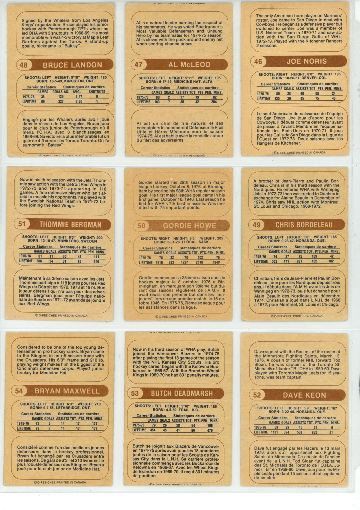 1976/77 O-Pee-Chee WHA Hockey Trading Card Complete Set (132 Cards) - EX/EX+