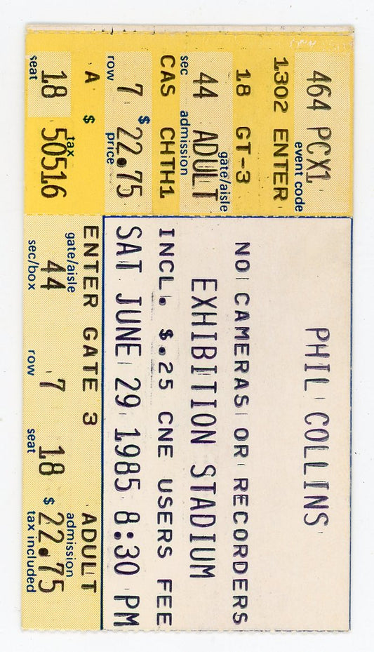 Phil Collins Vintage Concert Ticket Exhibition Stadium (Toronto, 1985)