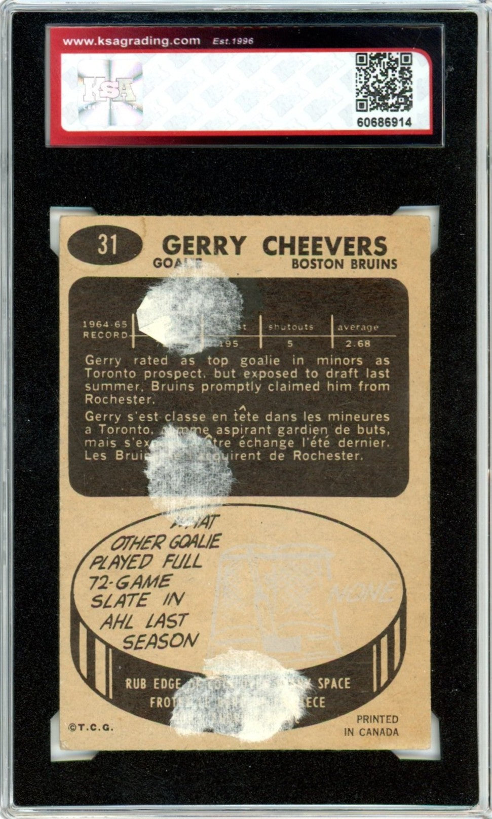 1965/66 Topps Gerry Cheevers Graded Hockey Rookie Card KSA 1