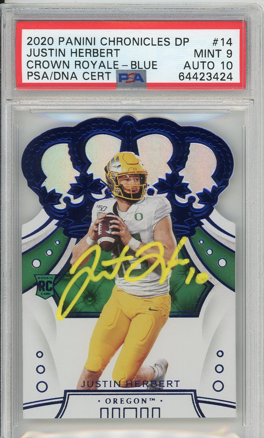 2020 Panini Chronicles Justin Herbert Crown Royale Blue Graded Football Card PSA 9 Autographed!