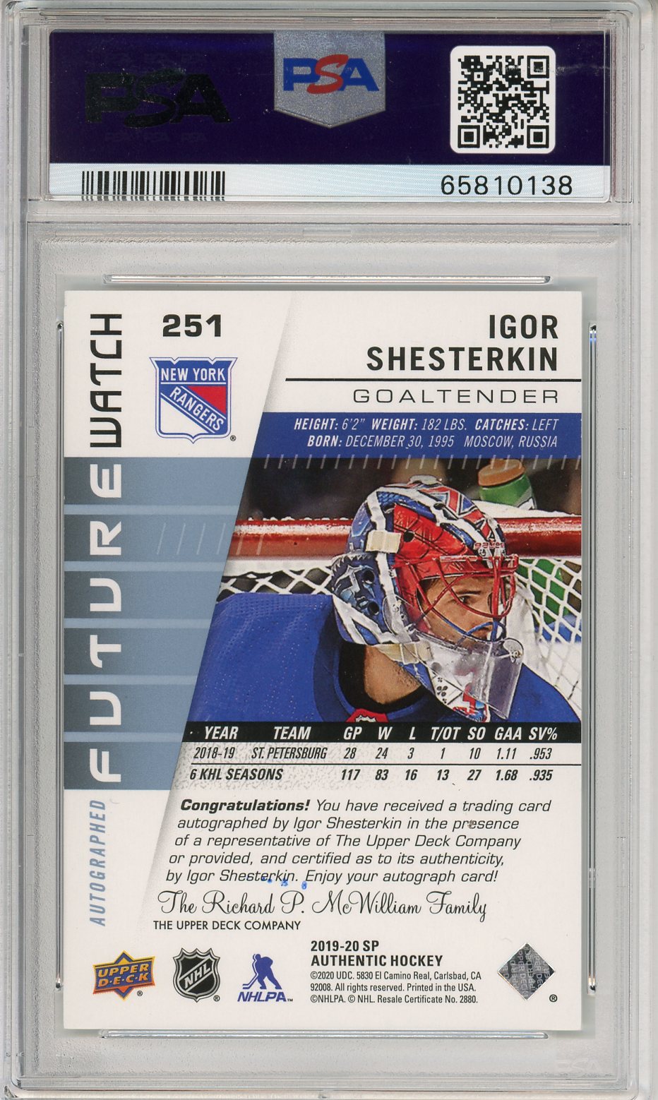 2019 SP Authentic Igor Shesterkin #251 Graded Hockey Card PSA 7 Autographed!