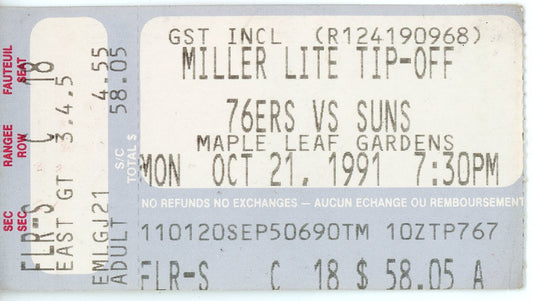 Miller Lite Tip-Off  76ers VS. Suns Vintage Ticket Stub Maple Leaf Gardens (Toronto, 1991)