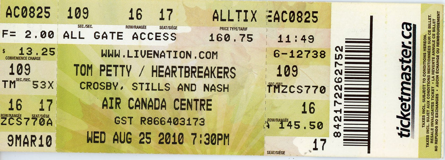 Tom Petty and the Heartbreakers Vintage Concert Ticket Stub Air Canada Centre (Toronto, 2010)