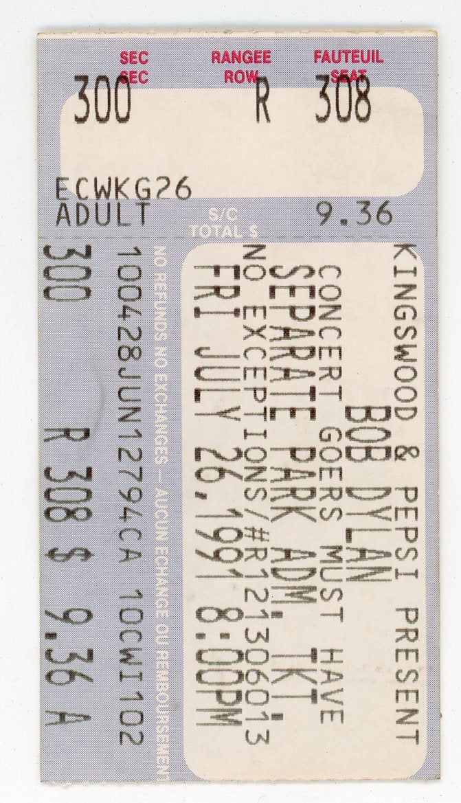 Bob Dylan Vintage Concert Ticket Exhibition Stadium (Toronto, 1991)
