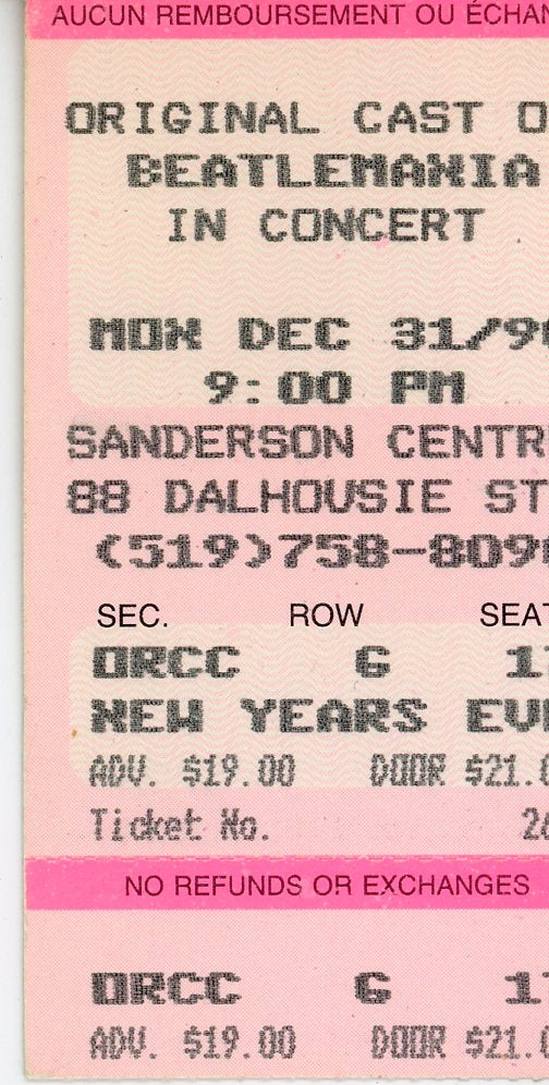 Beatlemania in Concert Vintage Ticket Stub Sanderson Centre (Brantford, 90)
