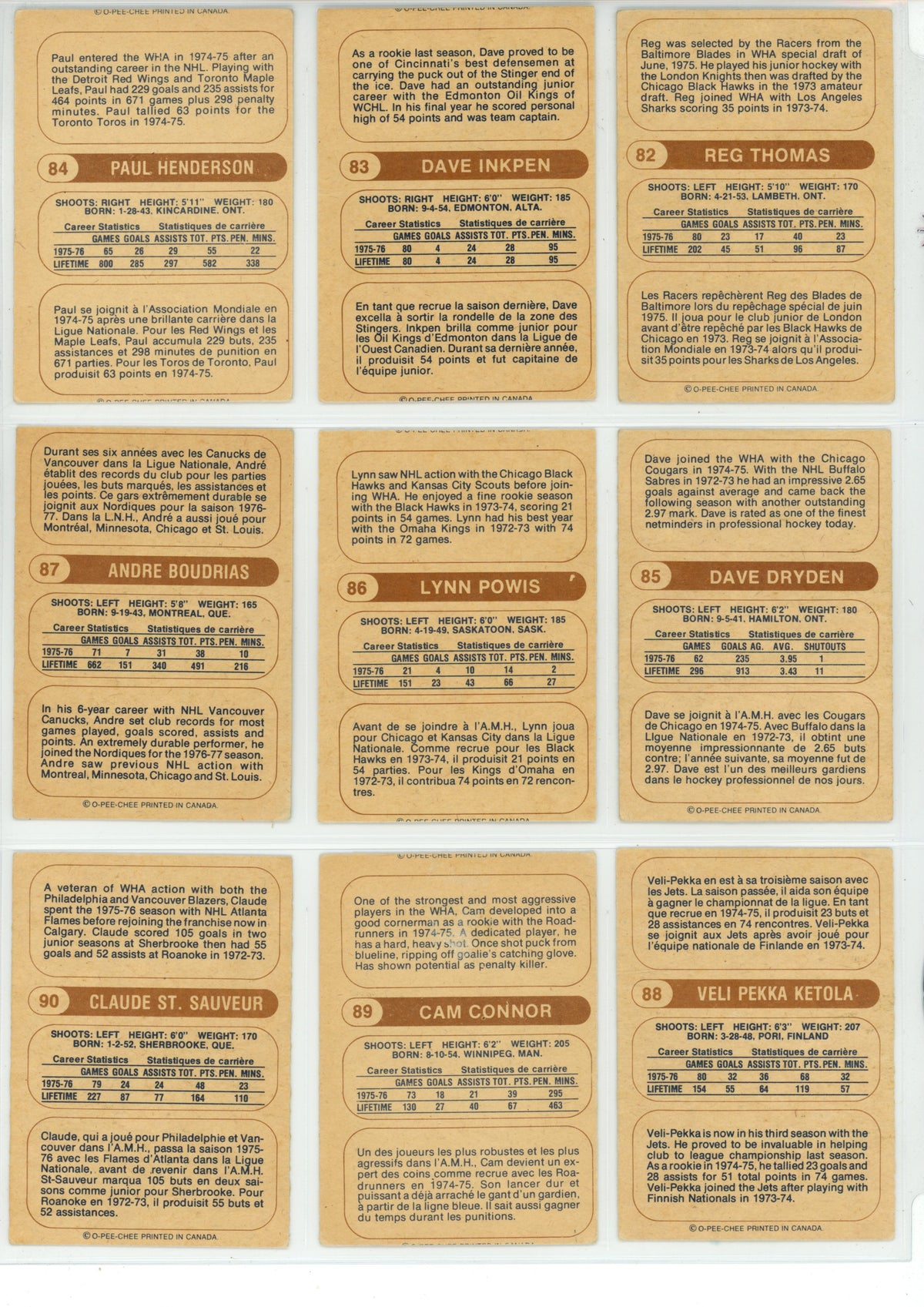1976/77 O-Pee-Chee WHA Hockey Trading Card Complete Set (132 Cards) - EX/EX+