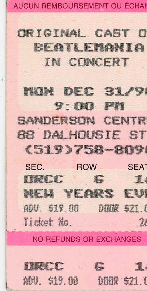 Beatlemania in Concert Vintage Concert Ticket Stub Sanderson Centre (Brantford, 90)