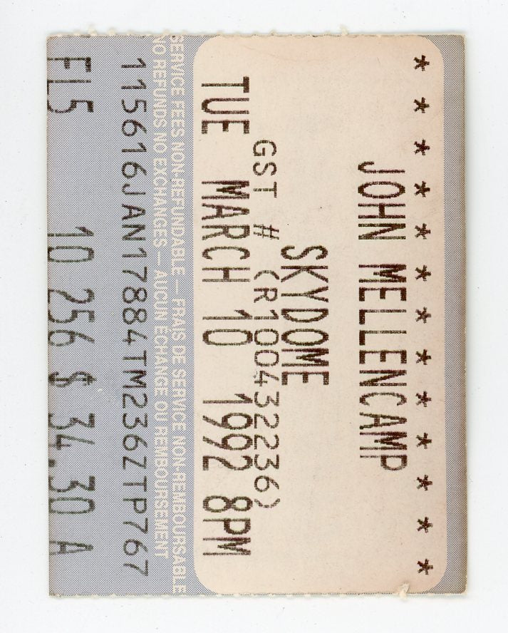 John Mellencamp Vintage Concert Ticket Skydome (Toronto, 1992)