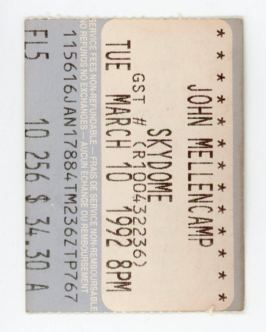 John Mellencamp Vintage Concert Ticket Skydome (Toronto, 1992)