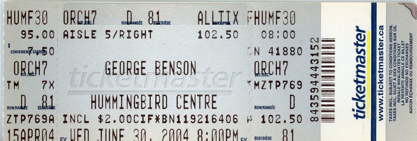 George Benson Vintage Concert Ticket Hummingbird Centre (Toronto, 2004)