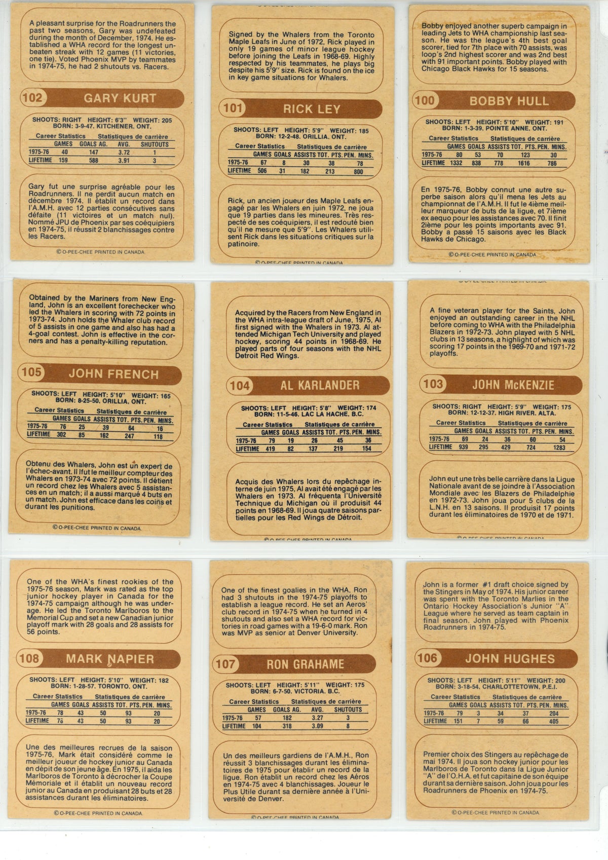 1976/77 O-Pee-Chee WHA Hockey Trading Card Complete Set (132 Cards) - EX/EX+