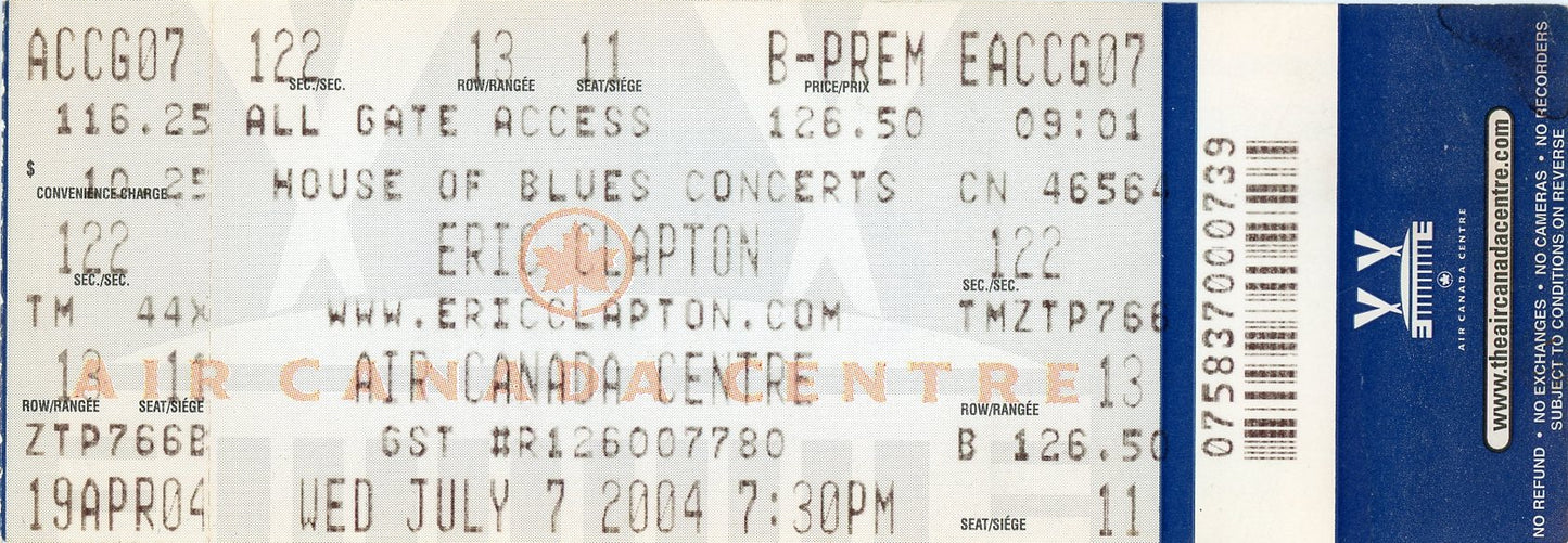 Eric Clapton Vintage Concert Ticket Stub Air Canada Centre (Toronto, 2004)