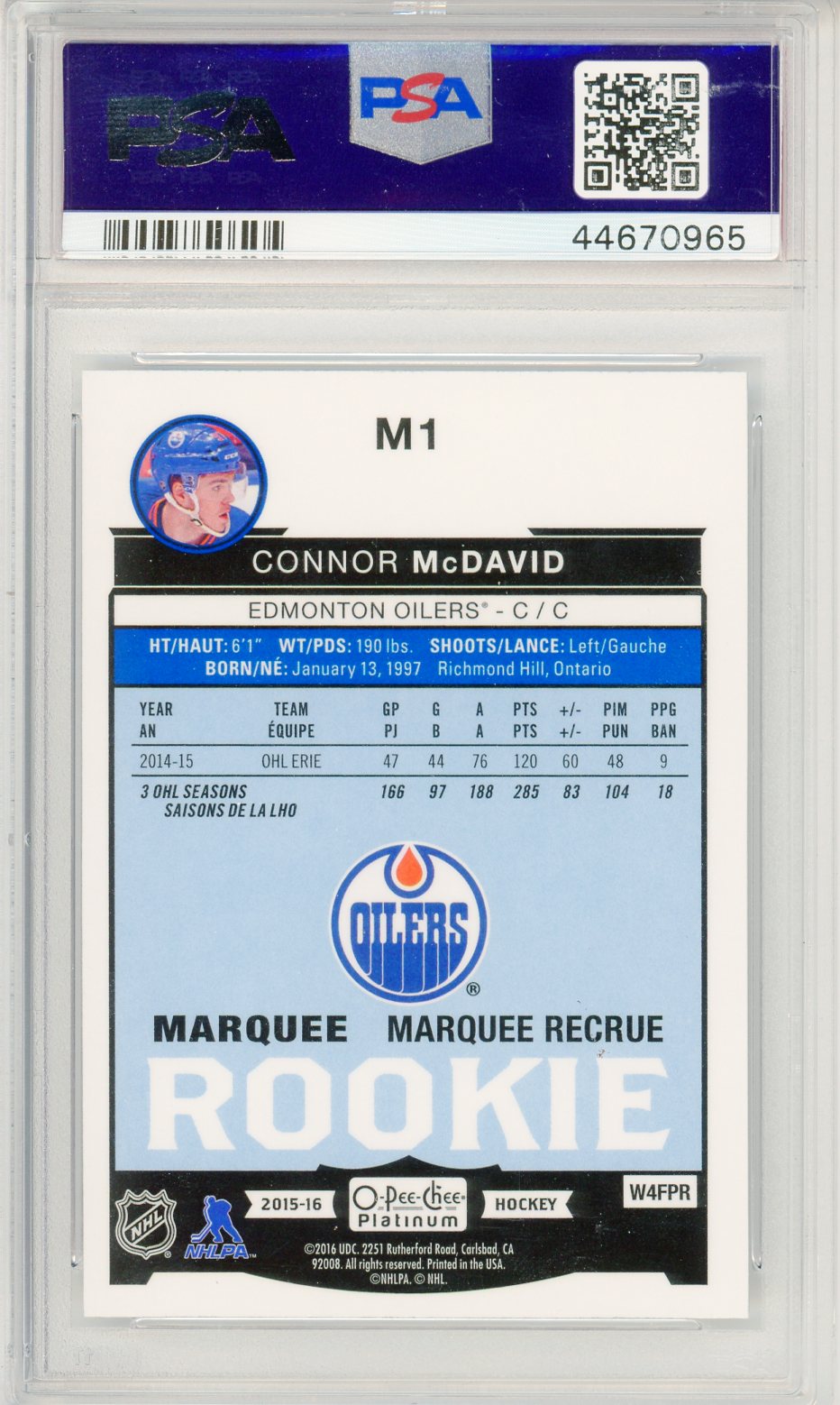 2015 O-Pee-Chee Platinum Connor McDavid Graded Rookie Card PSA 10