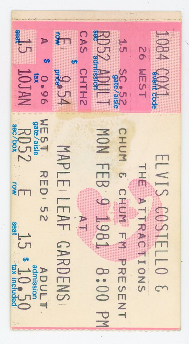 Elvis Costello & The Attractions Vintage Concert Ticket Maple Leaf Gardens (Toronto, 1981)