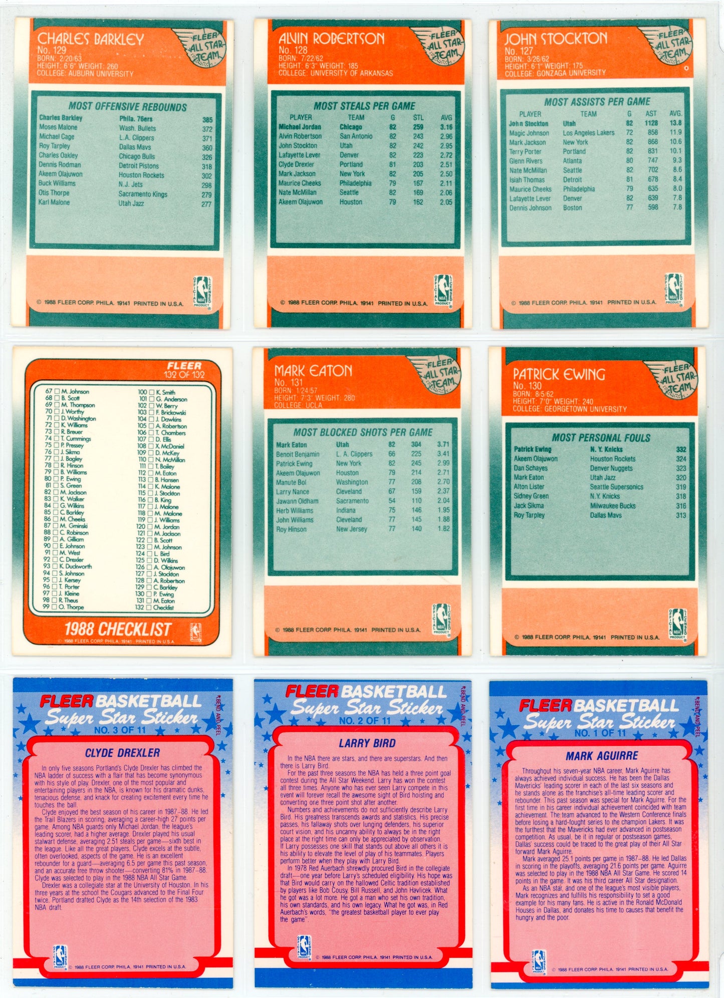 1988/89 Fleer NBA Basketball Card Complete Set (132 Cards) + 11 Stickers Set Pippen, Rodman Rookie