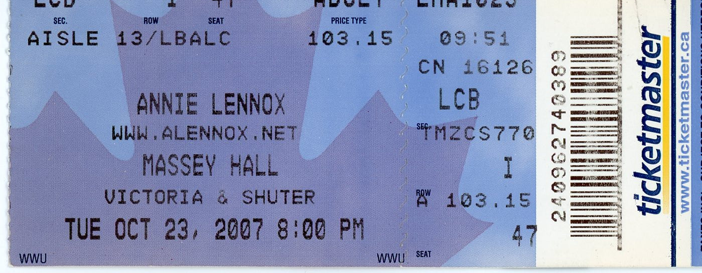 Annie Lennox Vintage Concert Ticket Stub Massey Hall (Toronto, 2007)