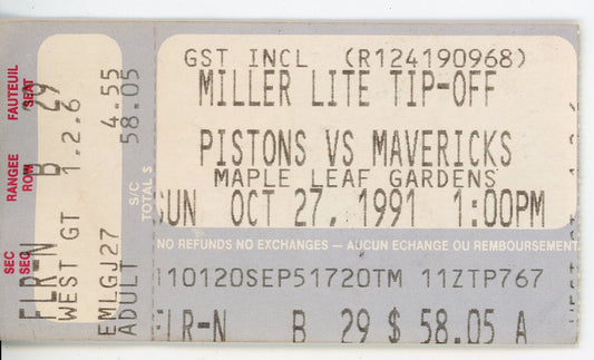 Miller Lite Tip-Off Pistons VS. Mavericks Vintage Ticket Stub Maple Leaf Gardens (Toronto, 1991)