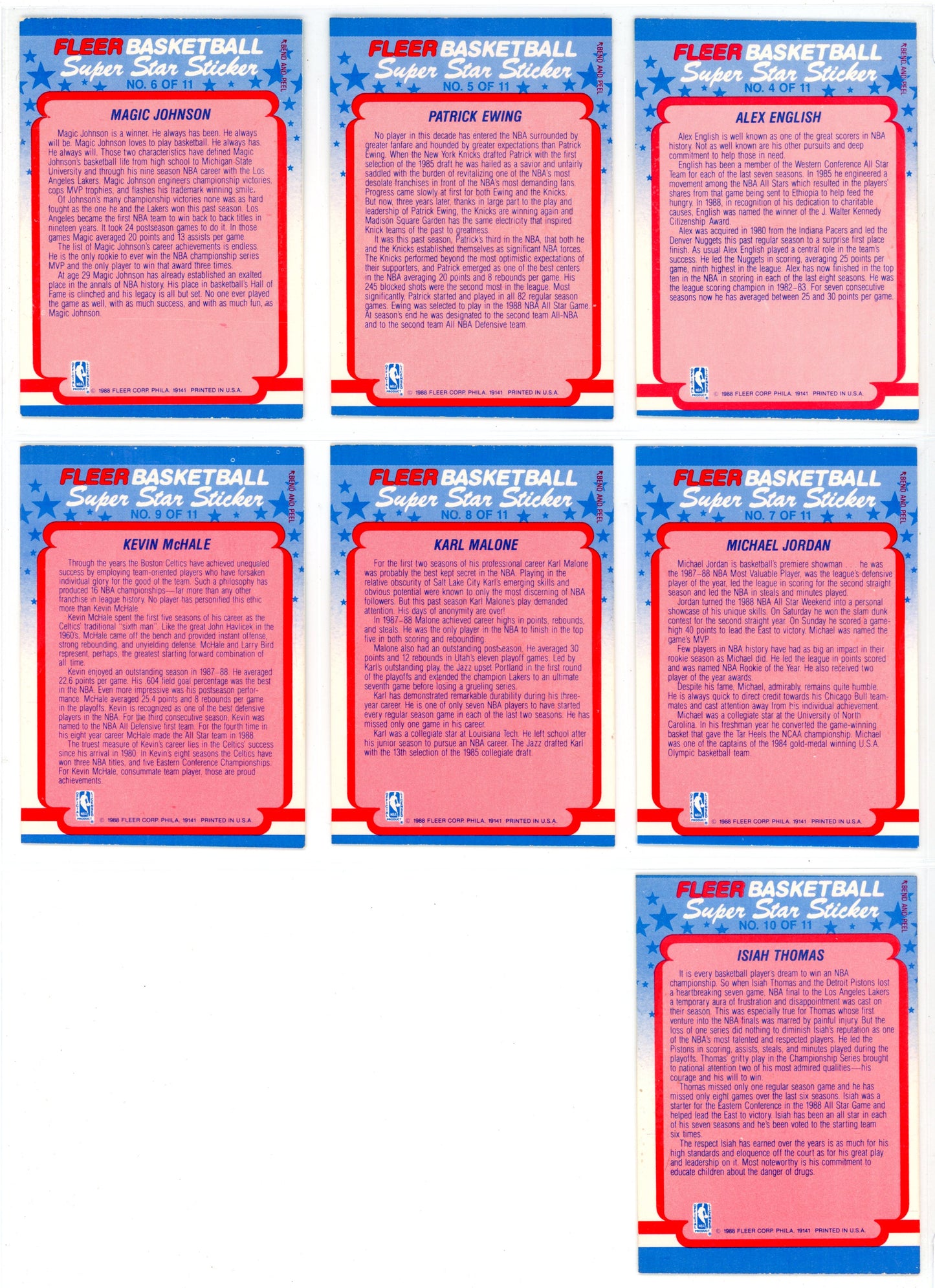 1988/89 Fleer NBA Basketball Card Complete Set (132 Cards) + 11 Stickers Set Pippen, Rodman Rookie