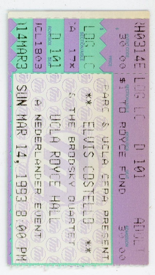 Elvis Costello & The Brodsky Quartet Vintage Concert Ticket UCLA Royce Hall (Los Angeles, 1993)