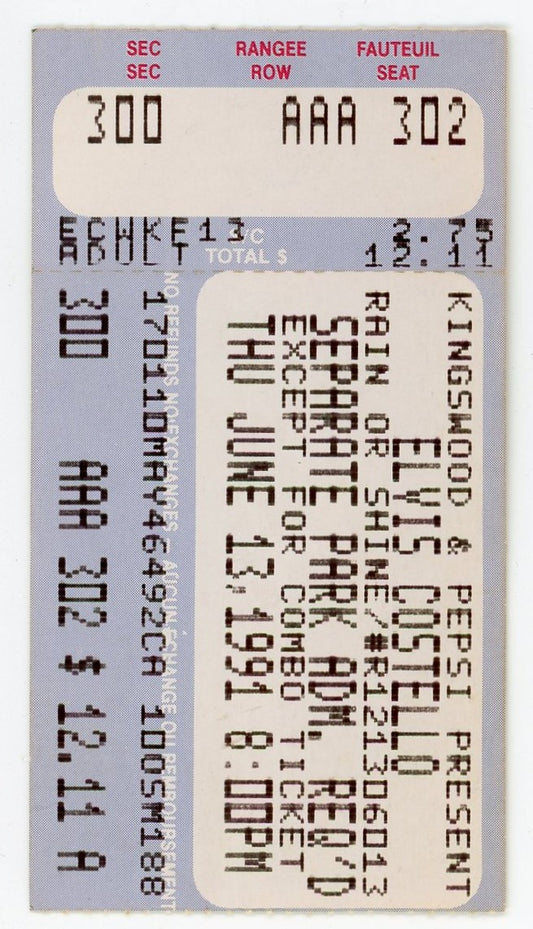 Elvis Costello Vintage Concert Ticket Exhibition Stadium (Toronto, 1991)