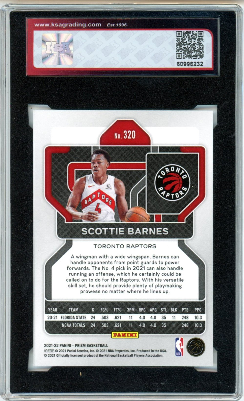 2021/22 Panini Prizm Scottie Barnes Graded Basketball Rookie Card #320 KSA 9