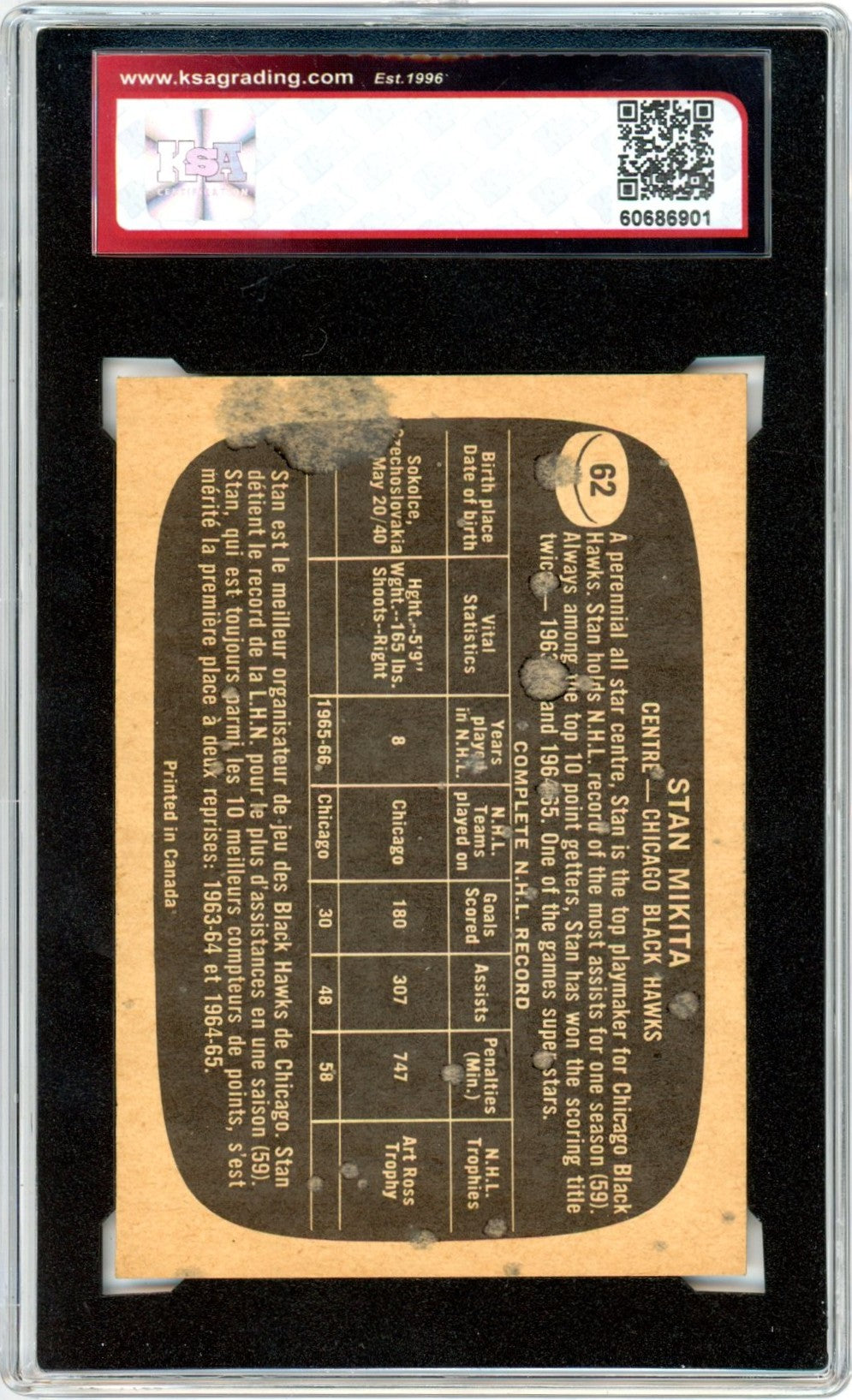 1966/67 Topps Stan Mikita #62 Graded Hockey Card KSA 2