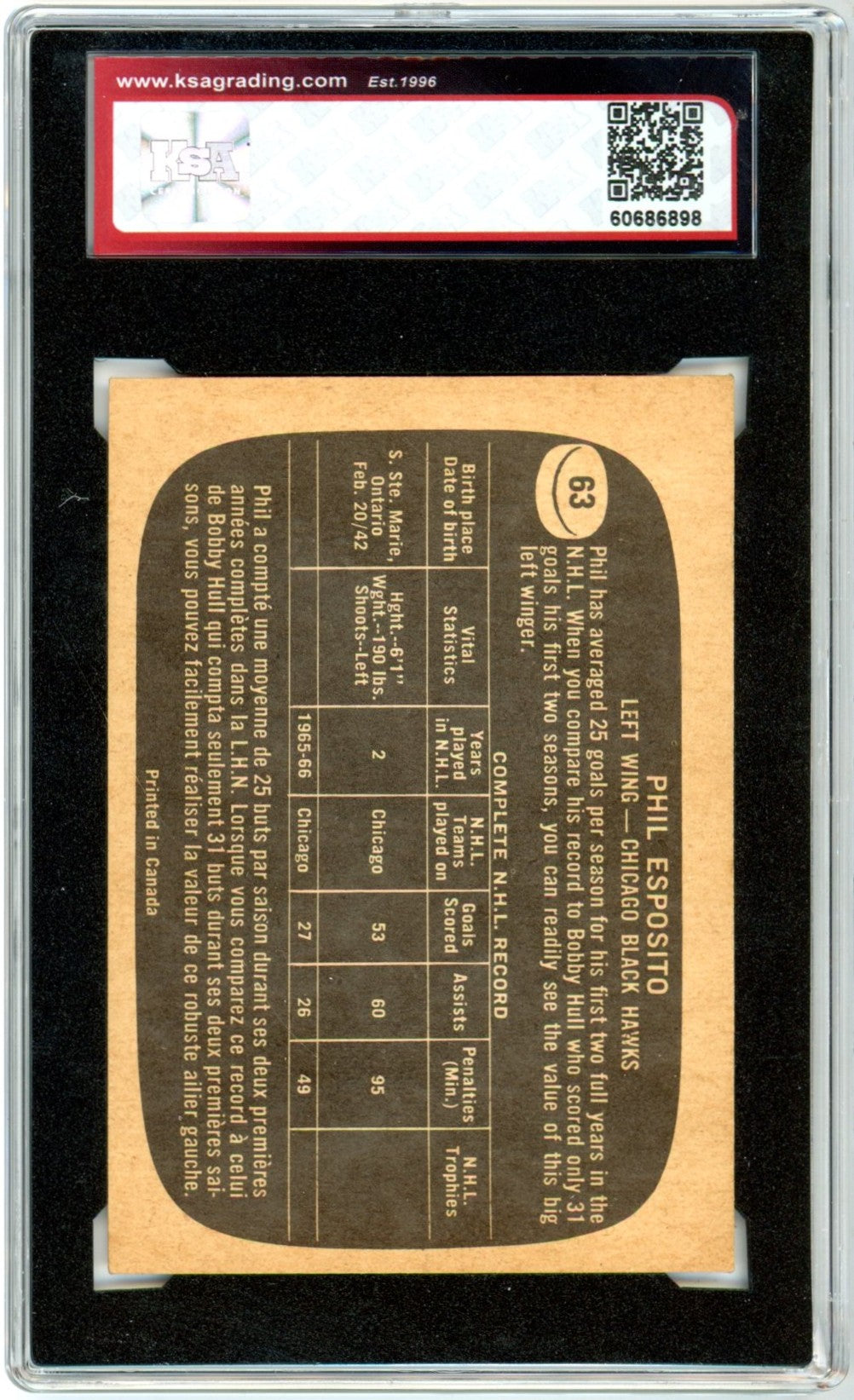 1966/67 Topps Phil Esposito #63 Graded Hockey Card KSA 4