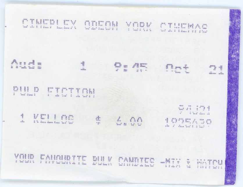 Pulp Fiction Vintage Movie Pass York Cineplex Odeon 1994