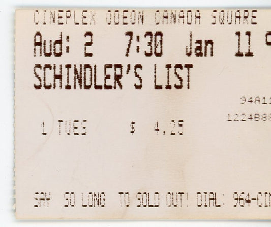 Schindler's List Movie Pass Square One Cineplex Odeon 1993