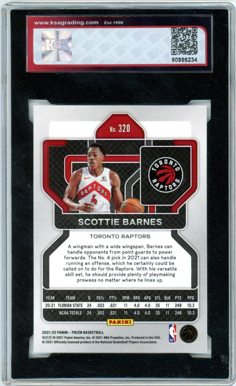 2021/22 Panini Prizm Scottie Barnes #320 Graded Basketball Rookie Card KSA 9.5