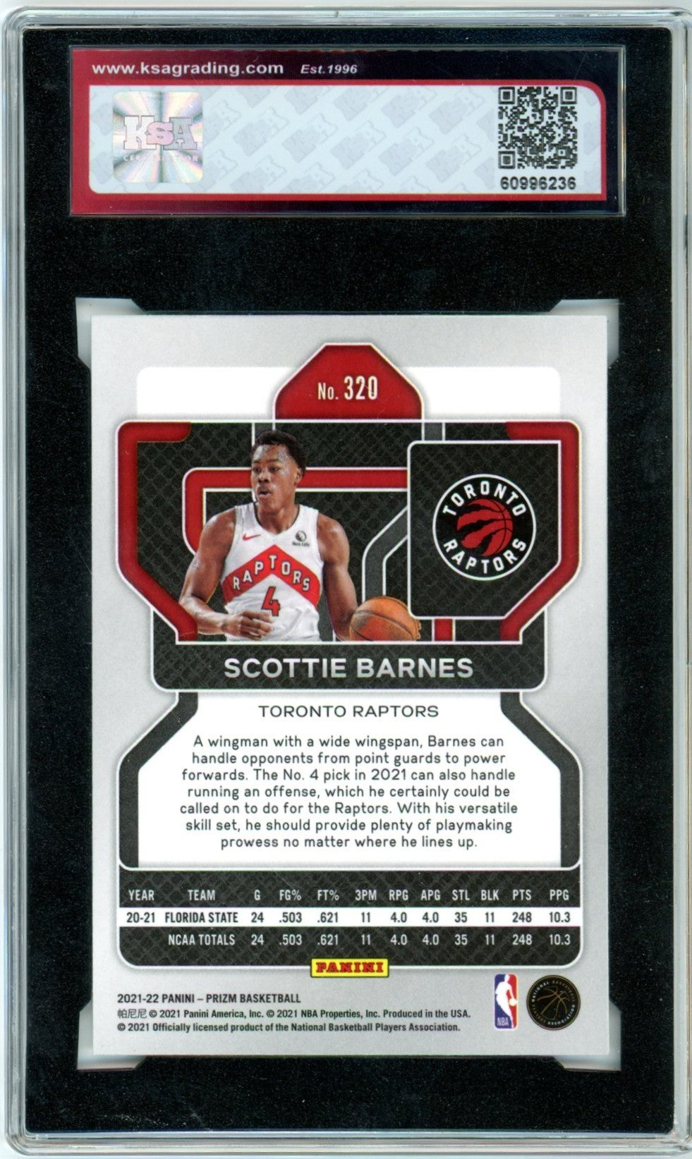 2021/22 Panini Prizm Scottie Barnes #320 Graded Basketball Rookie Card KSA 10